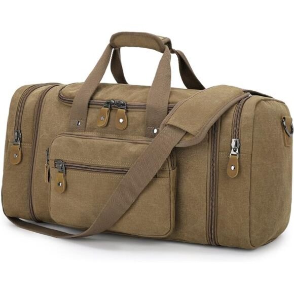 Canvas Duffle Bag for Travel 60L Duffel Overnight Weekend Bag(Coffee) - Picture 1 of 7